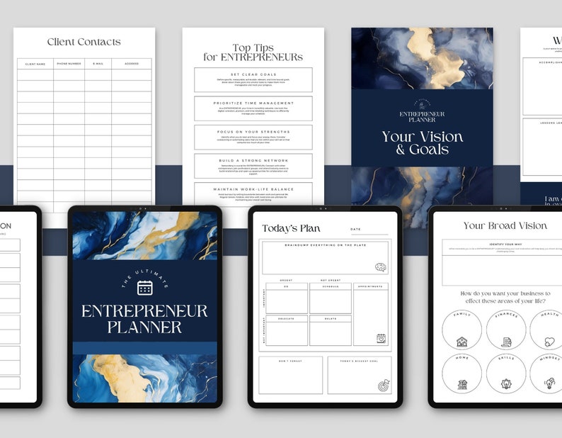 May include: A digital planner with a blue and gold marble design. The planner is titled "The Ultimate Entrepreneur Planner" and includes sections for client contacts, top tips for entrepreneurs, today's plan, and your broad vision.
