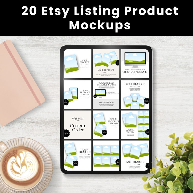 Pu&ograve; includere: Un mockup di prodotto digitale con 20 modelli di annunci Etsy. I modelli sono visualizzati su un tablet nero, mostrando varie immagini di prodotti con sovrapposizioni di testo. Sono visibili anche un taccuino, una tazza di caff&egrave; e del verde.