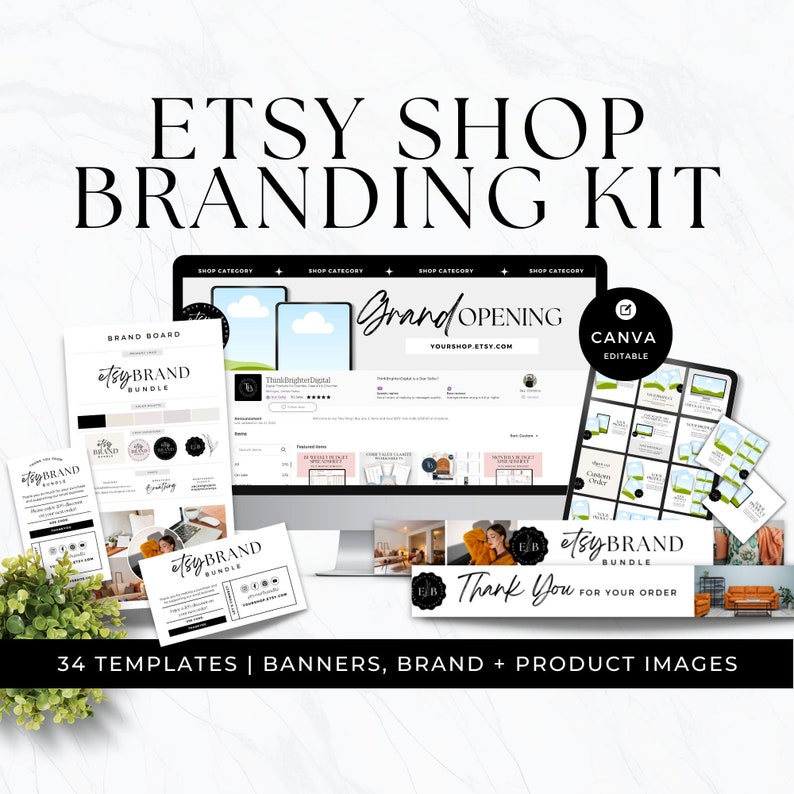 Pu&ograve; includere: Un kit di branding per negozi Etsy con il testo "ETSY SHOP BRANDING KIT" in nero. Il kit include modelli, banner e immagini di prodotti. Sono visibili anche le parole "Grand Opening" e "Thank You for your order".