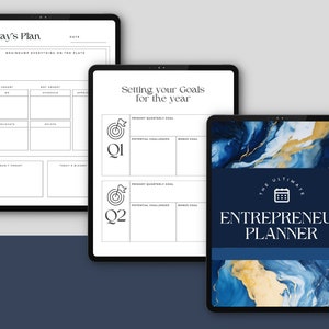 May include: A digital planner with a blue and gold marble design. The cover features the text "The Ultimate Entrepreneur Planner".