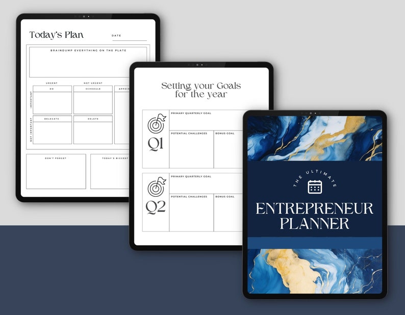 May include: A digital planner with a blue and gold marble design. The cover features the text "The Ultimate Entrepreneur Planner".