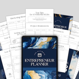 May include: A digital planner for entrepreneurs with a blue and gold marble design. The planner includes sections for setting goals, project brainstorming, contact information, and more.