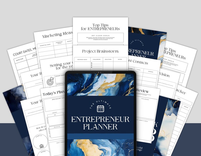 May include: A digital planner for entrepreneurs with a blue and gold marble design. The planner includes sections for setting goals, project brainstorming, contact information, and more.