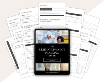 May include: A digital tablet displaying a guide titled "The Ultimate Project Planning Guide: An Essential Tool for Charting the Pathway from Idea to Completion." The guide features a black and white image of two people walking in a building. The text "www.yourwebsite.com" is at the bottom of the screen.