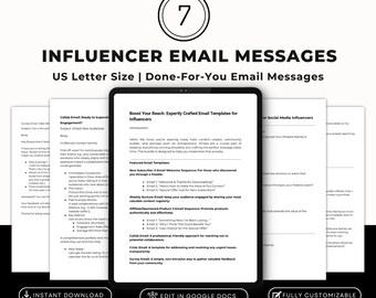 May include: A digital tablet screen displaying a white and black graphic design with the text "Influencer Email Messages" and "Boost Your Reach: Expertly Crafted Email Templates for Influencers". The graphic design includes a list of email templates for influencers, including "New Subscriber 3-Sequence", "Weekly Nurture Email", "Collab Email", "Crisis Email", and "Survey Email".