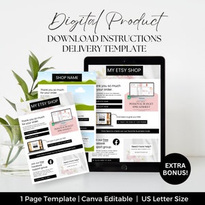 Pu&ograve; includere: Modello di prodotto digitale con testo "Digital Product" e "Download Instructions Delivery Template". Include un tablet e fogli stampati con testo "My Etsy Shop" e "Personal Budget Spreadsheet". Include un link al gruppo di supporto Facebook.