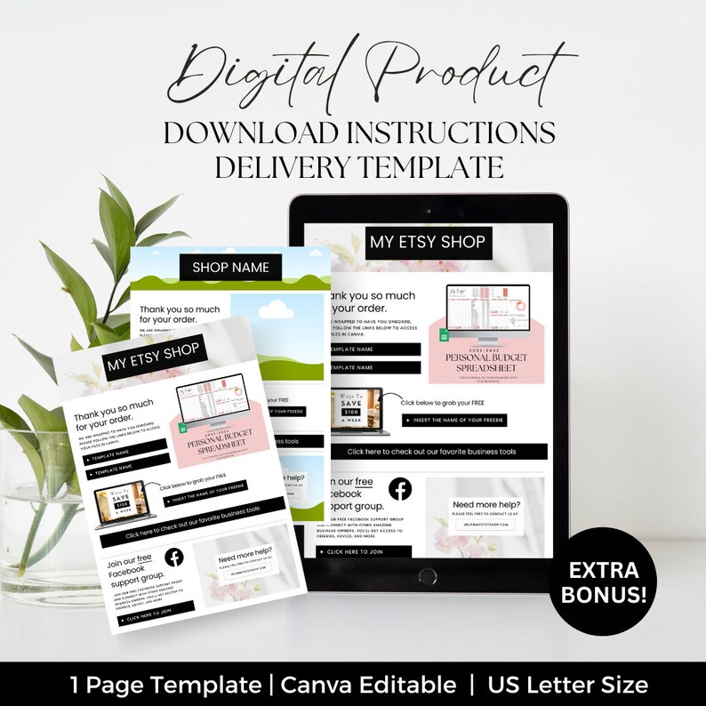 Pu&ograve; includere: Modello di prodotto digitale con testo "Digital Product" e "Download Instructions Delivery Template". Include un tablet e fogli stampati con testo "My Etsy Shop" e "Personal Budget Spreadsheet". Include un link al gruppo di supporto Facebook.