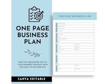 One Page Business Plan Template: Canva Bearbeitbar