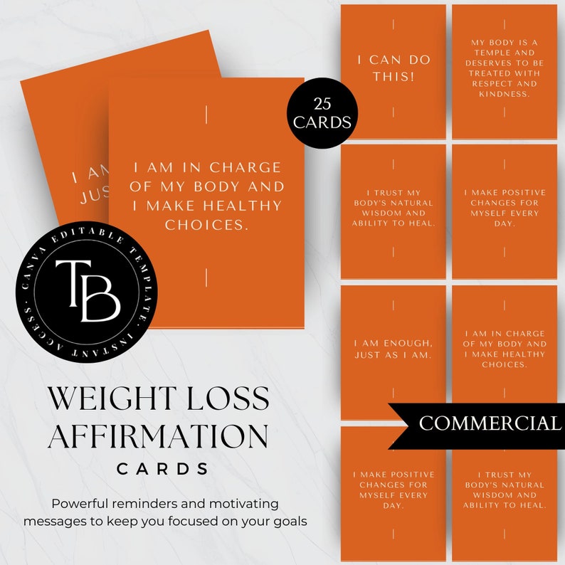 Weight Loss Affirmation Cards, Canva Editable Affirmation Cards, Weight