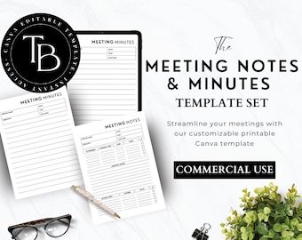 Meeting Minutes Template, Meeting Agenda Printable, Business Project Record, Simple Editable Meeting Notes, Note Taking, Canva Editable