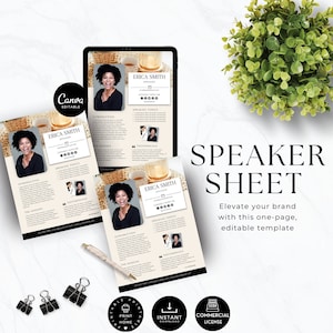 Speaker One Sheet Template Canva, Onesheet, Keynote, Author, Coach Profile, Professional Speaker Sheet, Editable Canva Template, Media Kit