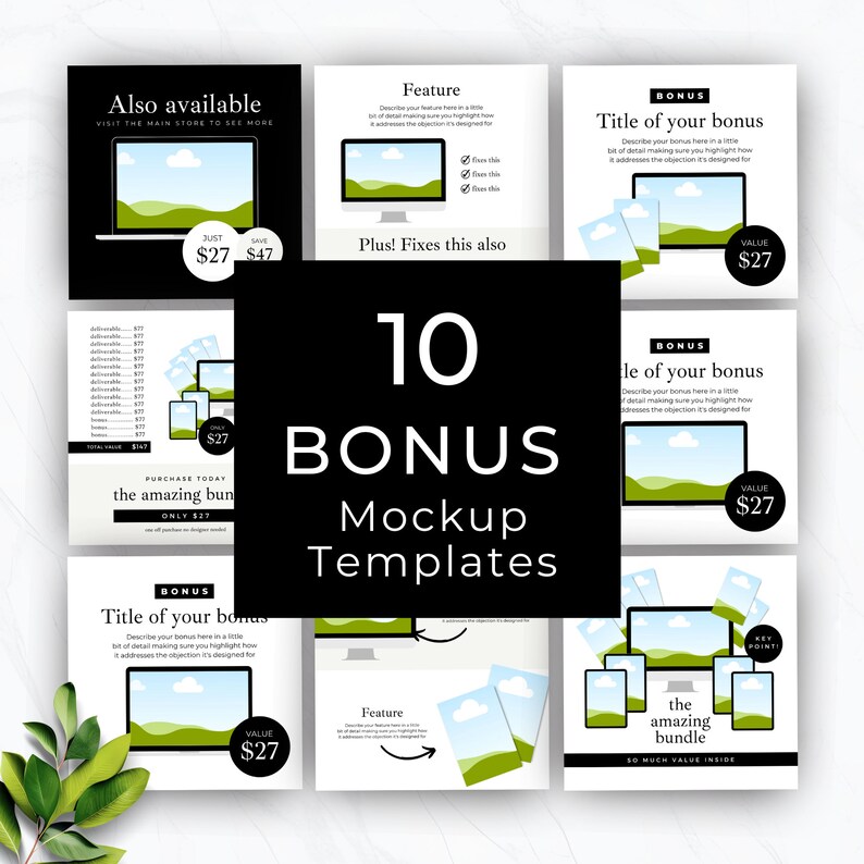 Pu&ograve; includere: Grafica promozionale con il testo "10 BONUS Mockup Templates". L'immagine presenta mockup di laptop, telefoni e monitor di computer. &Egrave; visibile anche il testo "the amazing bundle". La grafica &egrave; progettata per mostrare modelli di prodotti digitali.