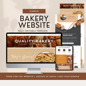 May include: A computer screen mockup showing a website template for a bakery. The website is titled "Quality Bakery" and features a photo of bread. The text "Today's Special" is displayed on the website. The website is designed in Canva.