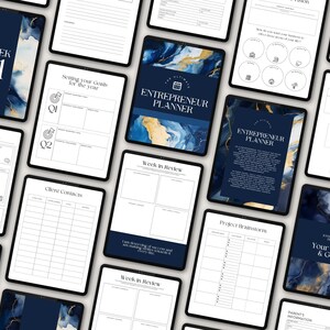 May include: A set of digital planner pages with a blue and gold marble design. The pages include sections for setting goals, weekly reviews, client contacts, project brainstorming, and a vision board.
