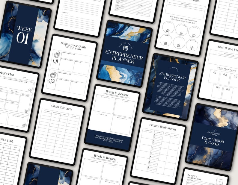 May include: A set of digital planner pages with a blue and gold marble design. The pages include sections for setting goals, weekly reviews, client contacts, project brainstorming, and a vision board.