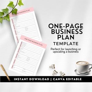 Puede incluir: Una plantilla de plan de negocios de una página imprimible en rosa y blanco. El texto "ONE-PAGE BUSINESS PLAN TEMPLATE" está en la parte superior de la página. El texto "Perfect for launching or upscaling a business" está debajo del título. El texto "INSTANT DOWNLOAD | CANVA EDITABLE" está en la parte inferior de la página.