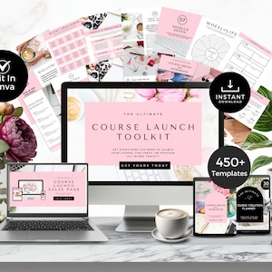 Puede incluir: Una maqueta de producto digital rosa y blanca con un portátil, una tableta y un teléfono. La pantalla muestra el texto "The Ultimate Course Launch Toolkit" y "Get Yours Today". La imagen también incluye una taza de café, una planta en maceta y una pequeña figura de unicornio. El texto "450+ Templates" es visible en la esquina inferior derecha.
