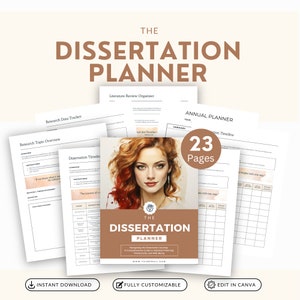 May include: A digital planner for dissertation writing with 23 pages. The cover features a woman with red hair and a title that reads "The Dissertation Planner". The planner includes sections for research, literature review, and an annual planner.