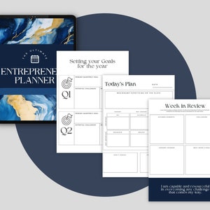 May include: A digital planner for entrepreneurs with a blue and gold marble design. The planner includes sections for setting goals, planning your day, and reviewing your week. The text on the cover reads "The Ultimate Entrepreneur Planner".