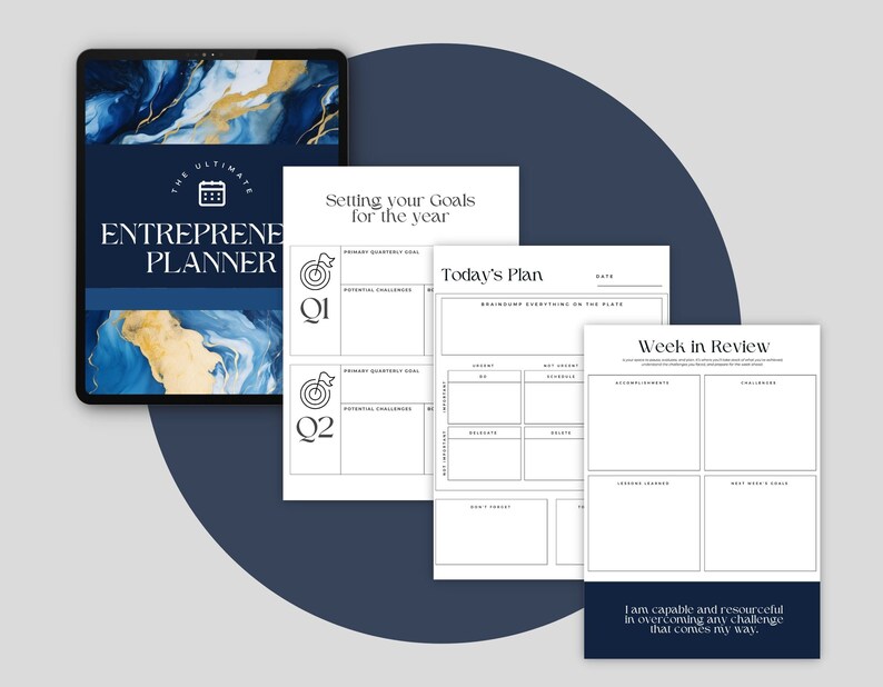 May include: A digital planner for entrepreneurs with a blue and gold marble design. The planner includes sections for setting goals, planning your day, and reviewing your week. The text on the cover reads "The Ultimate Entrepreneur Planner".