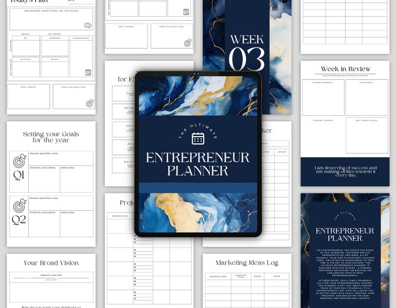 May include: A digital planner with a blue and gold marble design. The planner is titled "The Ultimate Entrepreneur Planner" and features a calendar icon. The planner includes sections for setting goals, tracking progress, and marketing ideas.
