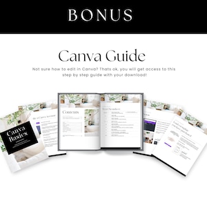 May include: A Canva Guide with a white background and black text. The guide includes a table of contents, text checklist, and a section on loading a template. The guide is a bonus item that is included with a purchase.