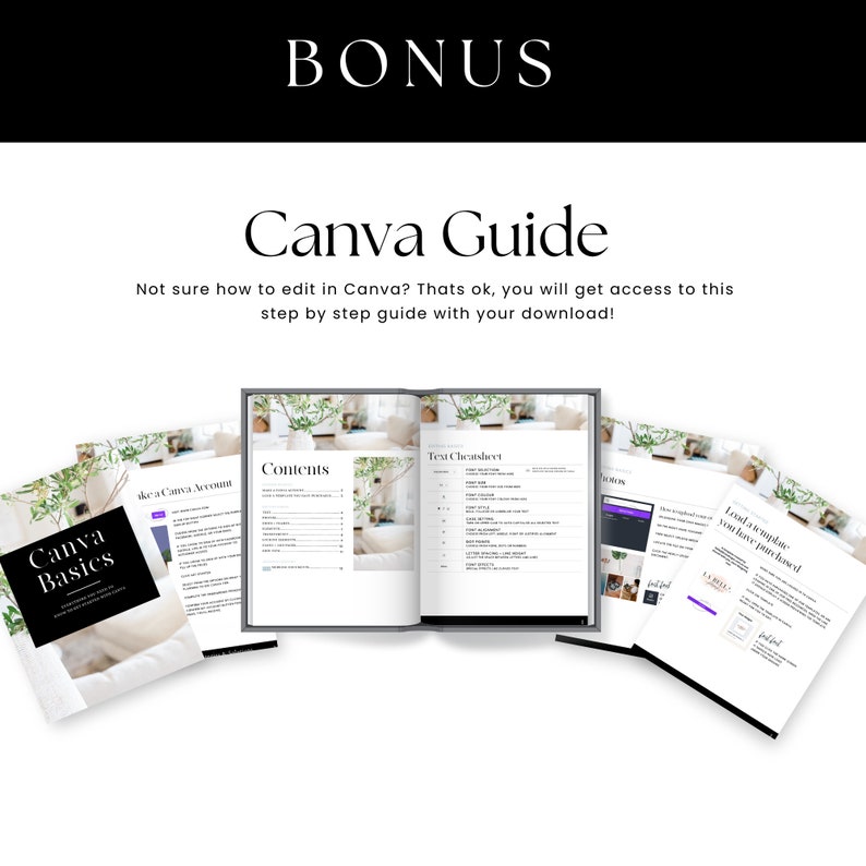 May include: A Canva Guide with a white background and black text. The guide includes a table of contents, text checklist, and a section on loading a template. The guide is a bonus item that is included with a purchase.