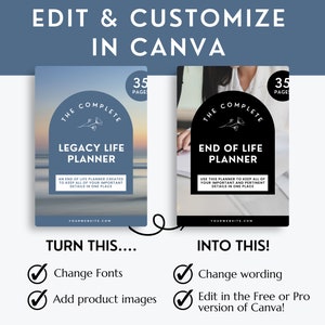 May include: Two images showing a before and after example of a 35-page planner. The first image shows a blue and white planner with the text "The Complete Legacy Life Planner". The second image shows a black and white planner with the text "The Complete End of Life Planner". The text below the images says "Turn this... into this!" and lists the changes that can be made to the planner in Canva.