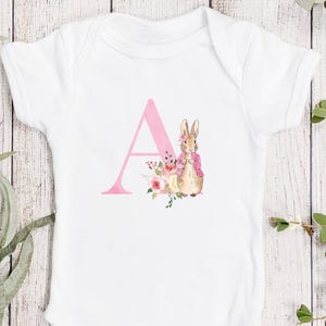 Baby Floral Flopsy Bunny, Peter Rabbit Infant Bodysuit, Initial, Baby Gift