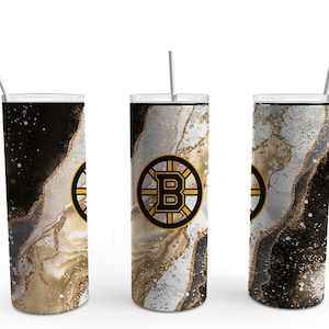 Boston Hockey Black, Gold, and White Geode Tumbler, Personalized, Skinny Insulated Tumbler, Boston Fans