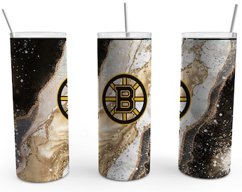 Boston Hockey Black, Gold, and White Geode Tumbler, Personalized, Skinny Insulated Tumbler, Boston Fans