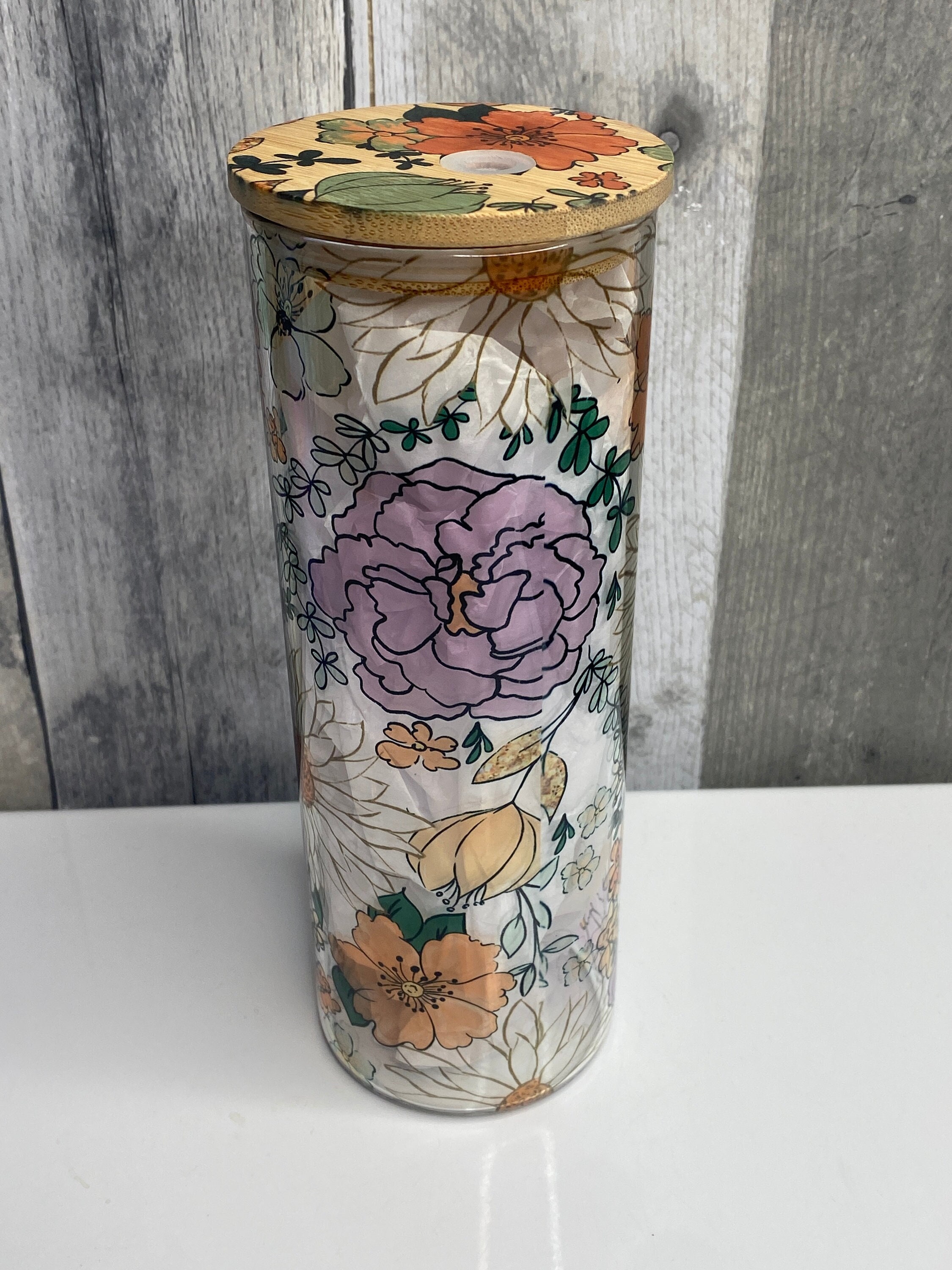 Floral Print Glass Tumbler,  25oz Glass Tumbler