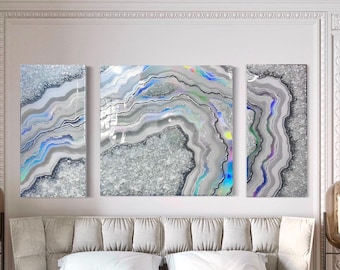 Iridescent Geode Resin Wall Art, Opal & Crystal 3-Piece Frame