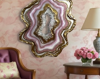 Geode Resin Wall Art: Rose quartz, Crystal Decor