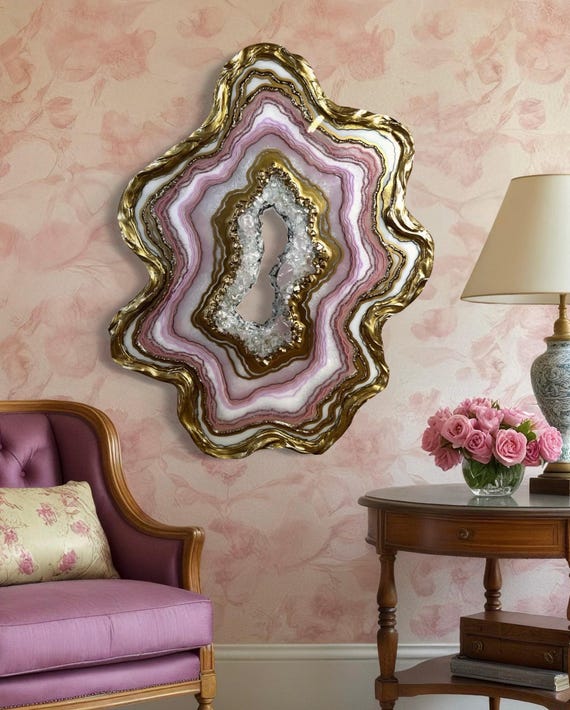 Geode Resin Wall Art: Rose quartz, Crystal Decor