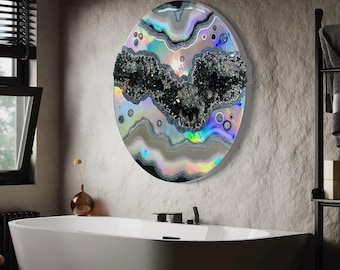 Iridescent Geode Resin Wall Art: Holographic Silver Home Decor