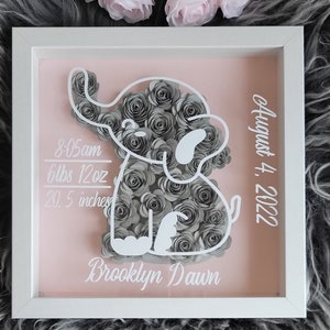 Baby Stat’s Paper Flower Shadow Box | Newborn Gift | Elephant Shadow Box | Personalized Gifts| Welcome Baby Gift| It’s a boy | It’s a girl