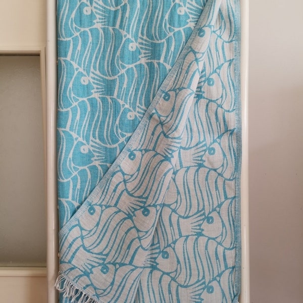 Peshtemal, Bath Towel, Beach Towel, 100% Cotton 100x180 cm Double Layer Fish Sky Blue