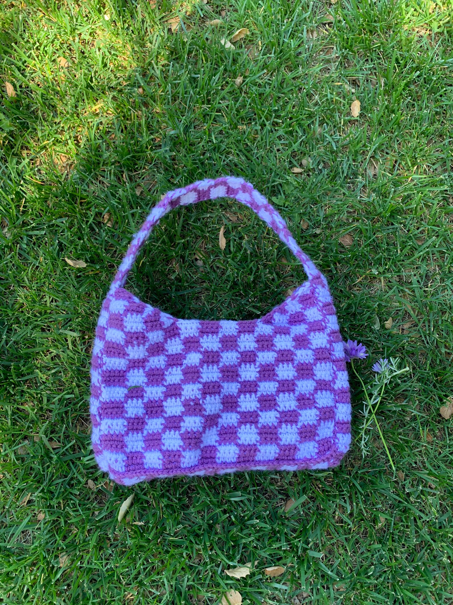 Crochet Checkered Shoulder Bag Crocheted Bag Purple Bag Y2k Etsy