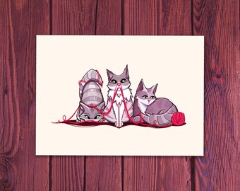 Strings Attached | Cats Art Print - Giclee 7"x5"