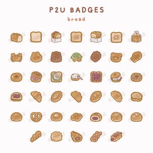 May include: An illustration featuring a variety of bread-themed digital badges, including loaves, rolls, and pastries. The image includes the text "P2U BADGES bread" and the artist's name. The badges are in shades of brown and beige.