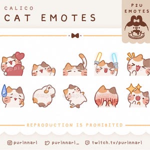 Könnte beinhalten: Ein Set aus neun animierten Katzen-Emojis, die eine dreifarbige Katze in verschiedenen Posen und Ausdrücken zeigen. Die Emojis sind in einem niedlichen, cartoonartigen Stil gestaltet und beinhalten Ausdrücke wie Liebe, Überraschung und Aufregung. Der Text "Calico Cat Emotes" und "P2U Emotes" ist im Bild enthalten.