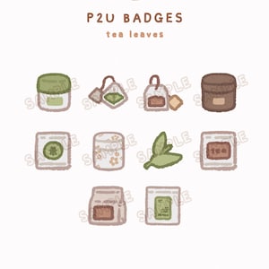 Può includere: Illustrazione di badge a tema tè. I badge raffigurano bustine di tè, foglie di tè e contenitori, il tutto in una palette di colori pastello. Il testo sull'immagine recita "P2U BADGES tea leaves" e "SAMPLE". Sono presenti anche i social media.
