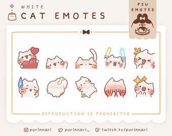 Puede incluir: Un conjunto de nueve emoticonos de gato blanco con diferentes expresiones, incluyendo un corazón, un sable de luz y una chispa. El texto "WHITE CAT EMOTES" está en la parte superior de la imagen, y el texto "REPRODUCTION IS PROHIBITED" está en la parte inferior.