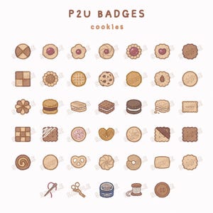 Puede incluir: Una colección de insignias con temática de galletas, con varios diseños, incluyendo formas redondas, cuadradas y de flores. Las insignias presentan diferentes texturas y rellenos, algunas con el texto "SAMPLE". La imagen también incluye el texto "P2U BADGES cookies".
