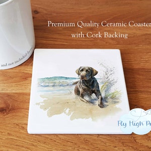 Chocolate Labrador Premium Ceramic Coaster, High Quality Cork Backed, Gift for Him or Her and any Dog Lovers Beach
