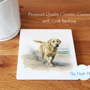 Yellow Labrador Premium Ceramic Coaster, High Quality Cork Backed, Gift for Him or Her and any Dog Lovers Beach
