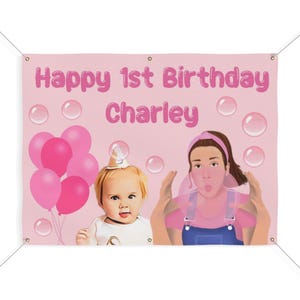 Banner gigante de celebración de cumpleaños personalizado con foto de dibujos animados de niños de la Sra. Rachel