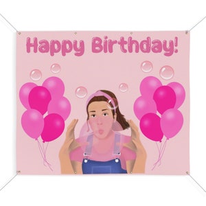 Banner gigante de celebración de cumpleaños con chicle rosa, tamaño Ms Rachel, personalizado, 72 x 60