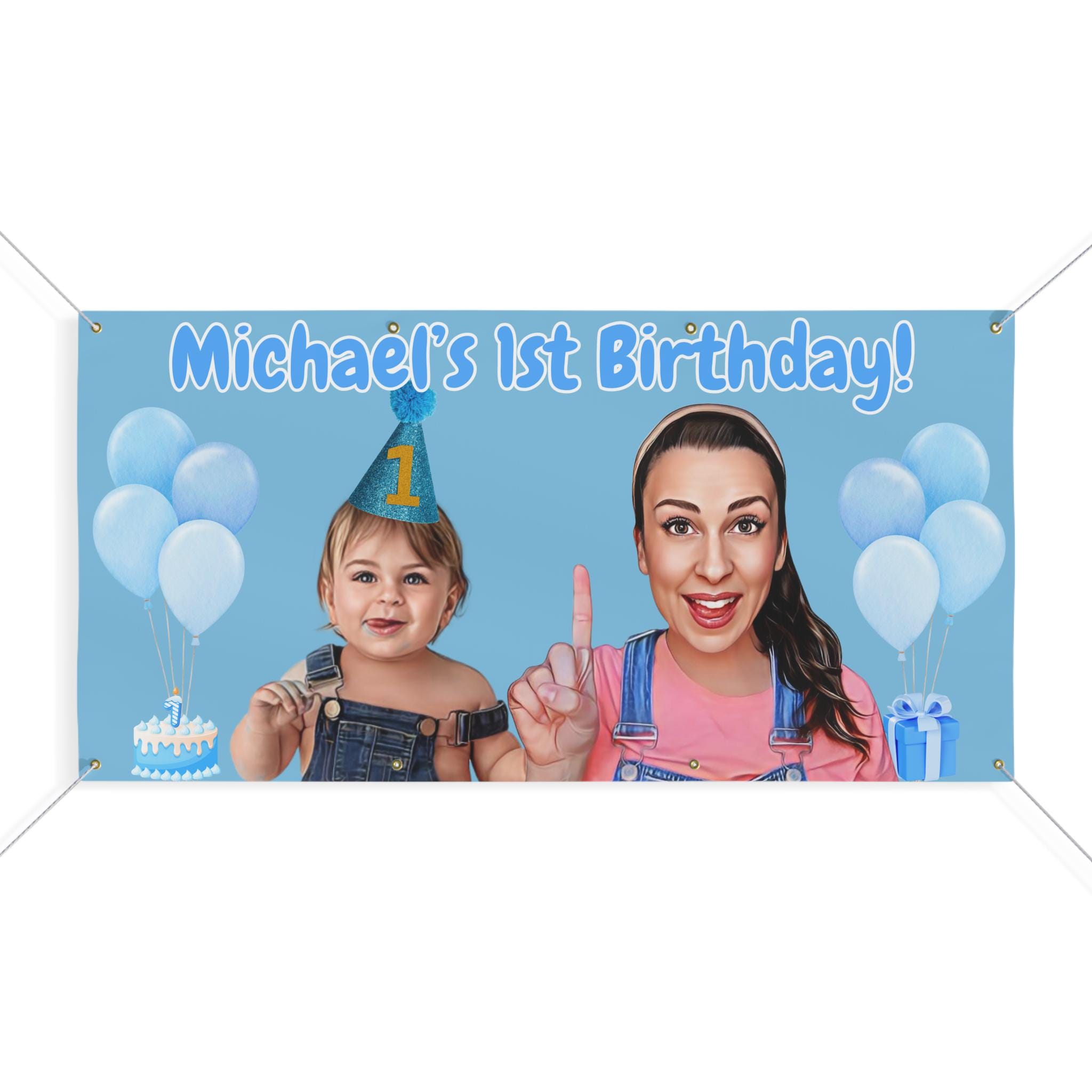 Ms Rachel 72x36 Toddler Boys Blue Background Happy Birthday Celebration Backdrop Banner Custom With Childs Cartoon Photo